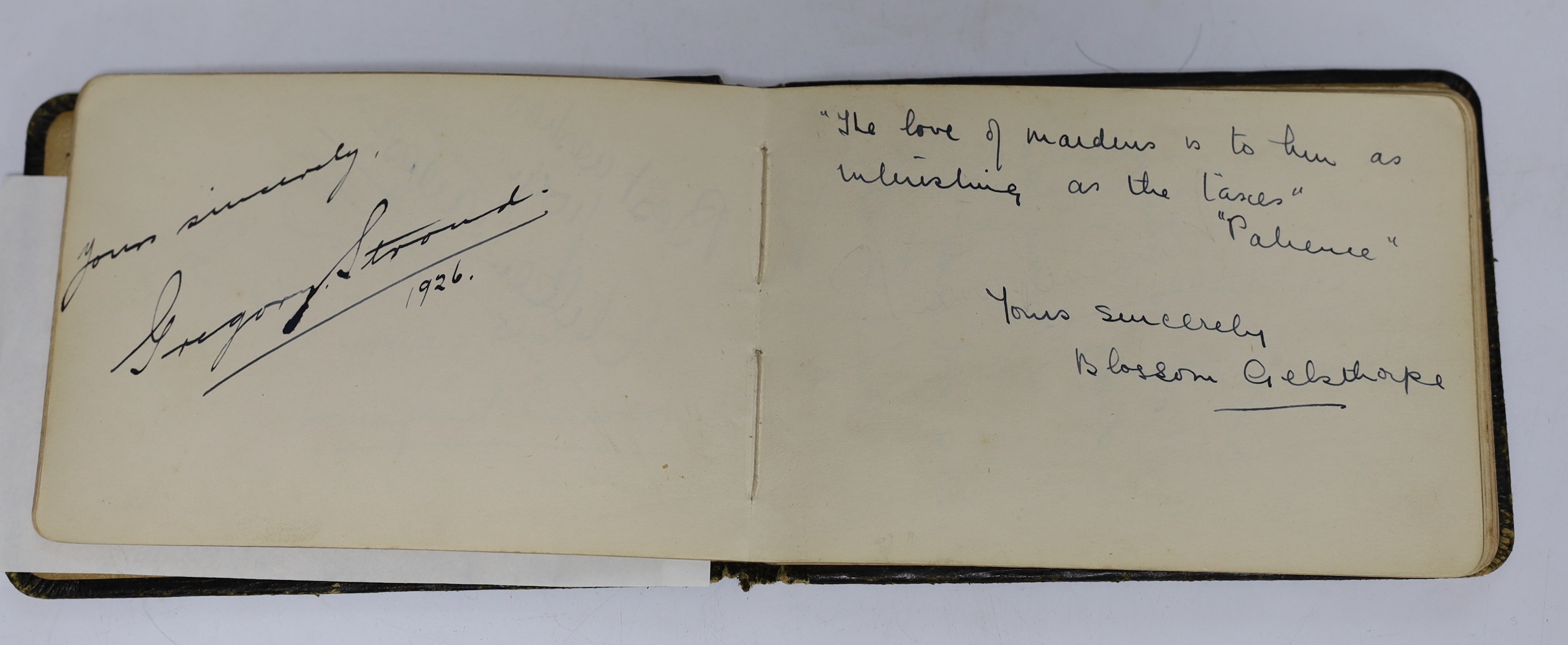 D’Oyly Carte and Gilbert & Sullivan interest; A silver vase by William Comyns with etched dedication; ‘Alice, from Arthur Sullivan 9 June 1892’, hallmarked London 1891, together with a 1920s autograph book of D’Oyly Cart